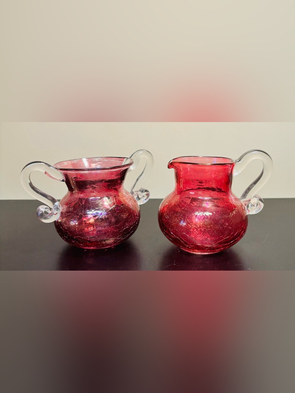 Handblown Cranberry Glass Creamer and Sugar Set with Clear Handles